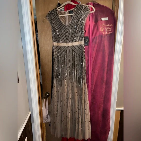 formal dresses nordstrom rack Adrianna Papell Gray Sequin Beaded Blouson Formal Evening Dress Size 8 –  Queen City Resale